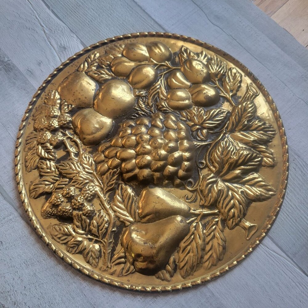 Vintage Elpec England Brass Wall Hanging Fruit Embossed Plate 11" Round Decorati
